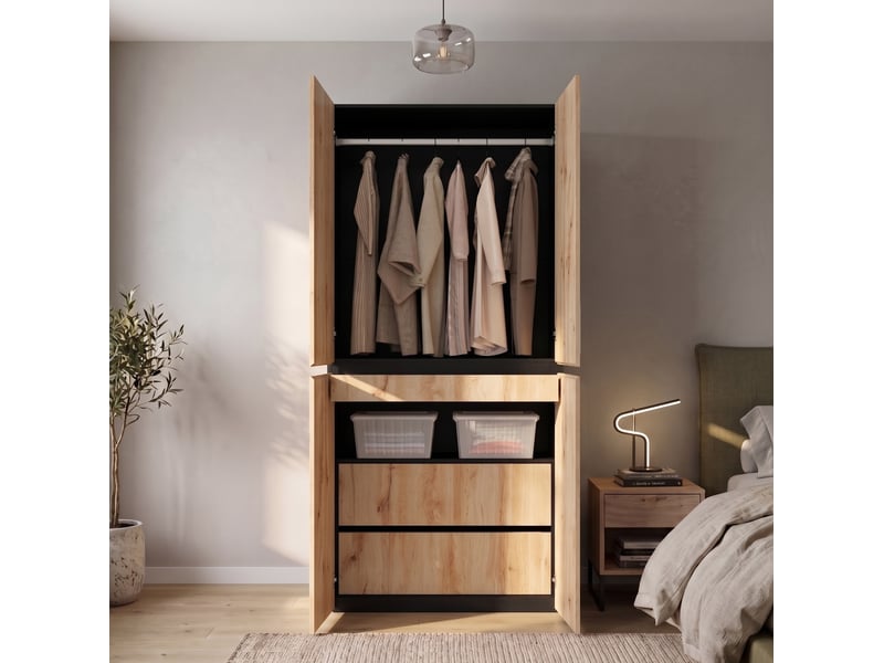  Armoire tcqpz 4 portes 90 x 50 x 200 cm avec penderie, tiroir à bijoux et rangements en mdf et panneaux de particules  - Conforama D