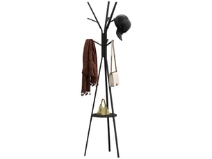 Porte-manteau trépied design contemporain branches étagère + 9 patères dim. 45l x 45l x 180h cm noir métal
