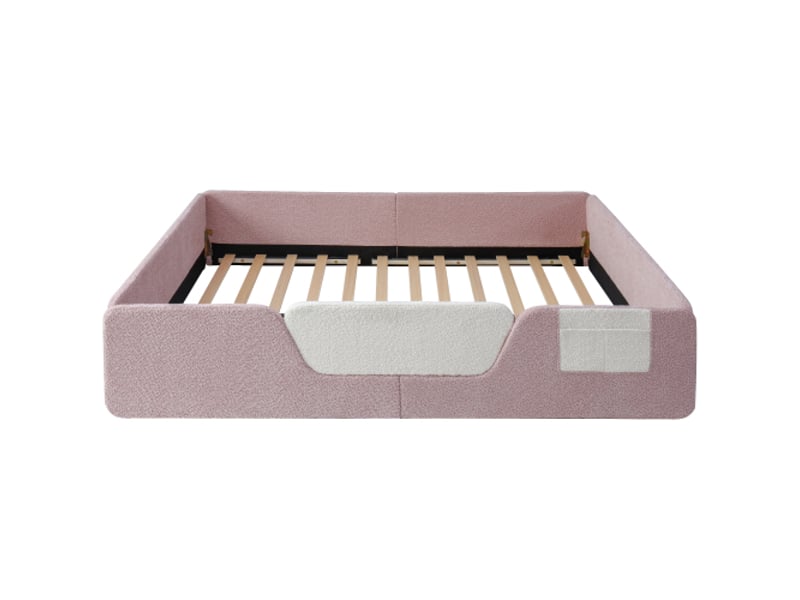  Lit capitonné, 140 x 190 cm, sans matelas, barrières de sécurité amovibles, sac de rangement intégré en velours unique, rose  - Conforama E