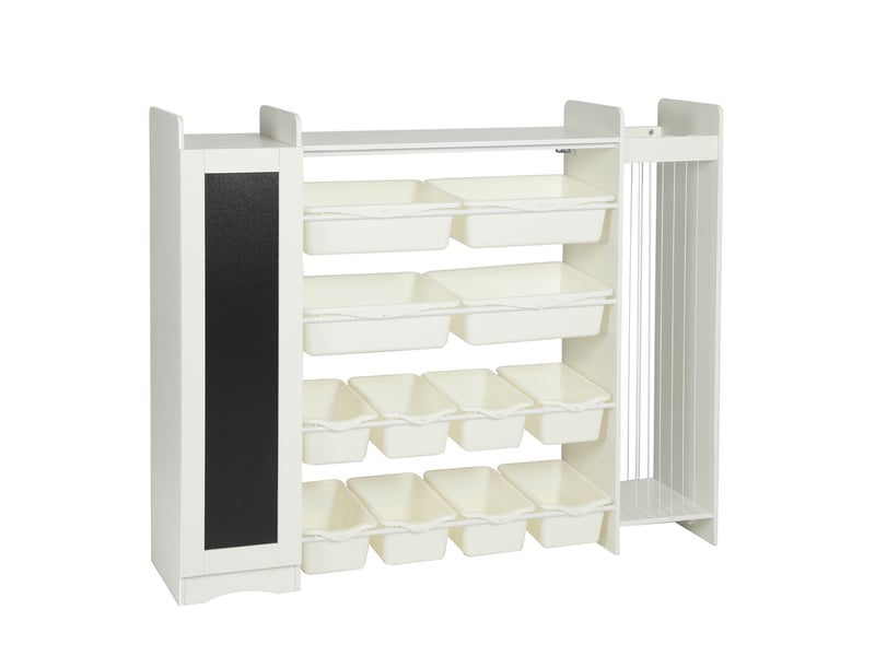  Bibliothèque enfant avec 12 bacs, tableau noir et filet à peluches, meuble de rangement en mdf blanc avec espaces de rangement 136,5 x 30 x 110 cm  - Conforama E