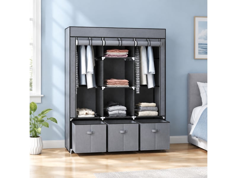  Armoire avec 2 penderies, 5 étagères et 3 tiroirs, housse zippée pour chambre, acier gris foncé, 125×43×162,5 cm  - Conforama C