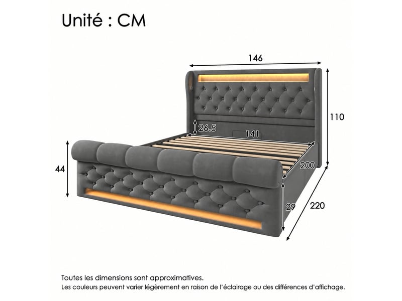  Lit coffre hydraulique 140 x 200 cm en velours gris avec led, usb et usb-c  - Conforama C