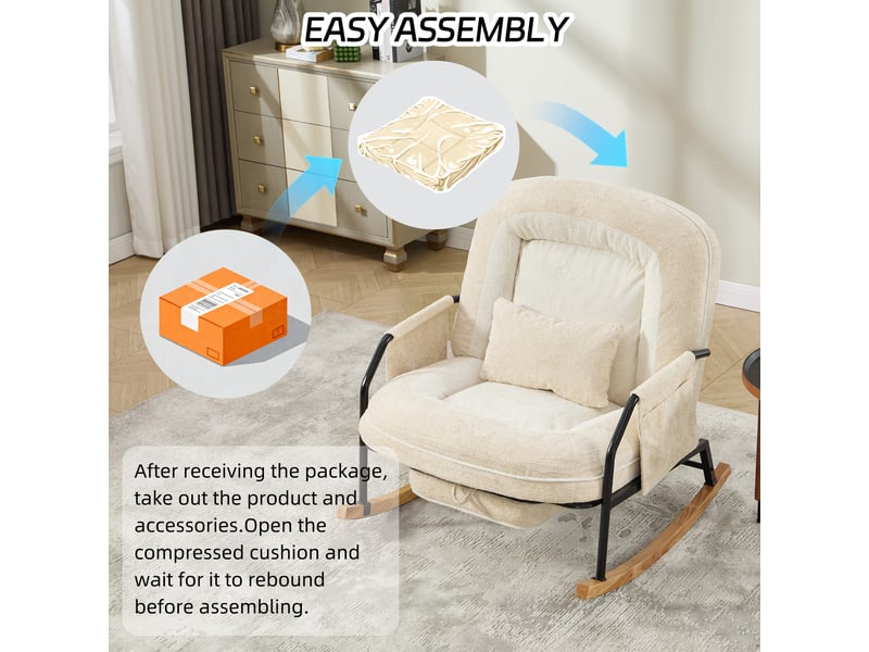 Fauteuil à bascule surdimensionné pour terrasse avec repos-pieds, poche latérale, coussin rembourré, dossier réglable, beige - Conforama W