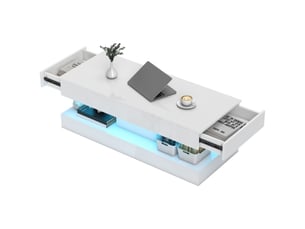 Table basse moderne blanche avec tiroirs, led et étagère ouverte en panneau pour salon