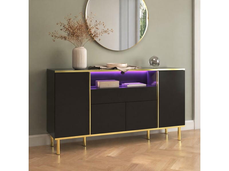 Buffet 4 portes et 1 tiroir led pour salon en mdf et panneaux de particules 150×40×80 cm noir brillant - Conforama B