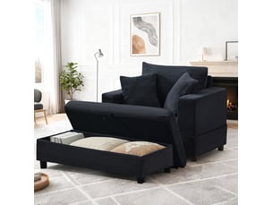 Méridienne 107x74x57 cm – noir – repose-pieds avec rangement, 3 coussins et velours côtelé moderne