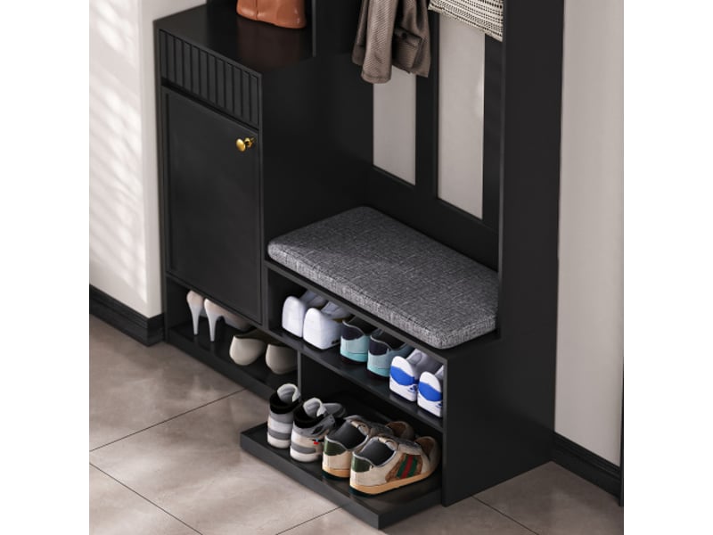  Armoire-penderie noir avec banc intégré - 100×180×35 cm, 4 crochets, portes et tiroirs  - Conforama E