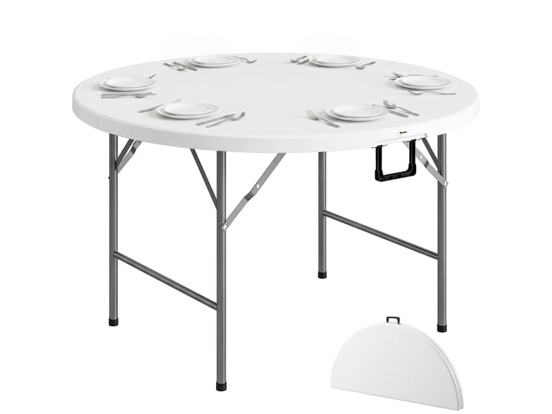  Table d'appoint ronde, table de jardin pliante avec structure en acier et plateau en pehd, capacité de charge 80 kg, ø 122 x 73 cm, blanche  - Conforama A