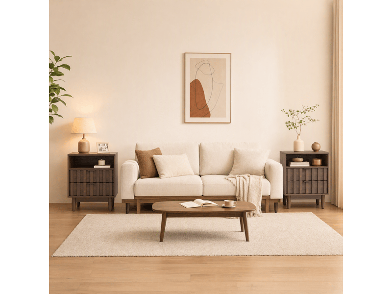  Table de chevet avec façades de tiroirs rainurées, table d'appoint avec 2 tiroirs et une étagère ouverte, 48 x 40 x 60 cm, brunoyer  - Conforama E