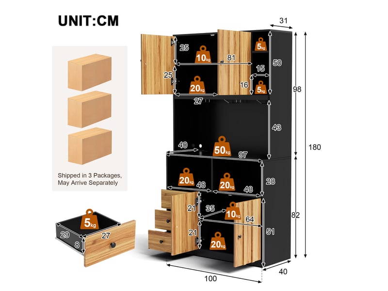  Buffet de cuisine haut 180 cm, meuble rangement cuisine 100x40 cm avec capacité de charge maximale de 50 kg  - Conforama C