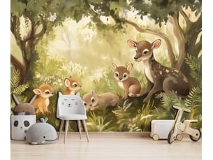 Papier peint panoramique intissé animaux forêt vert - 250x175 cm - papier peint enfant