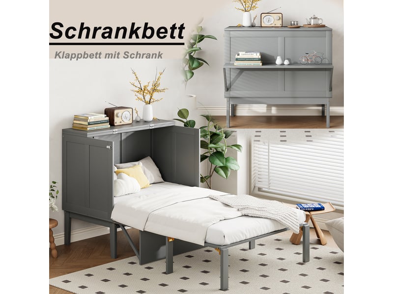  Lit 1 personne 90 x 200 cm, lit enfant avec sommier a lattes, lit rabattable mural, lit escamotable avec sommier a lattes, gris  - Conforama E