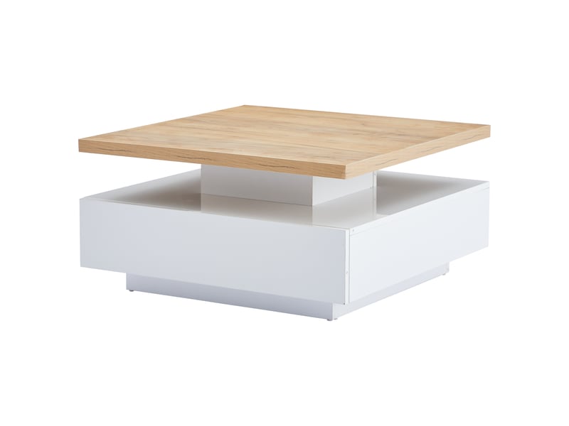  Table basse carrée pivotante 360° avec tiroir, table de salon blanc brillant et plateau noyer, 70x70x36 cm  - Conforama R