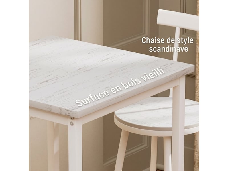  Ensemble table de bar 60x60 cm et 2 chaises, style industriel blanc  - Conforama E