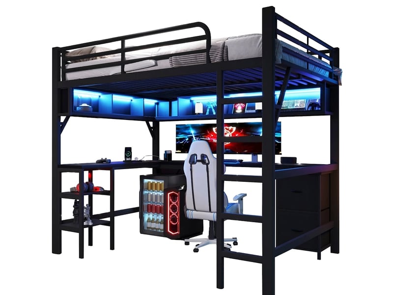  Lit mezzanine métal 140x200 avec bureau et étagère, led, usb, lit surélevé gain de place, noir  - Conforama A