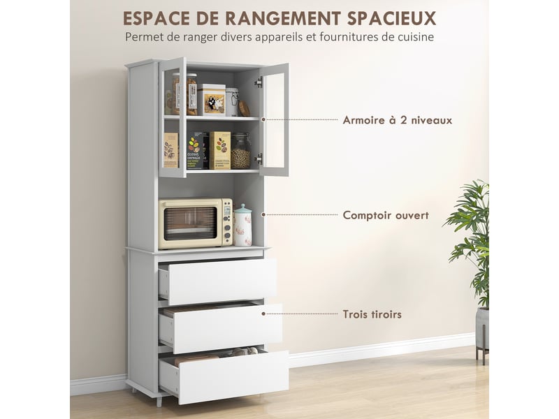  Buffet de cuisine meuble de rangement placard 2 portes 3 tiroirs et niche centrale dim. 68l x 38l x 172h cm mdf blanc  - Conforama D
