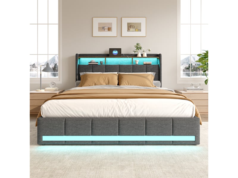  Lit double rembourré 140x200 cm avec éclairage led, lit 2 place avec 4 tiroirs et usb, sommier à lattes en bois  - Conforama W