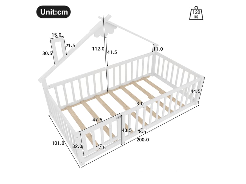  Lit cabane enfant tcqpz 90 x 190 cm avec barrière et verrou bois de pin mdf blanc  - Conforama C
