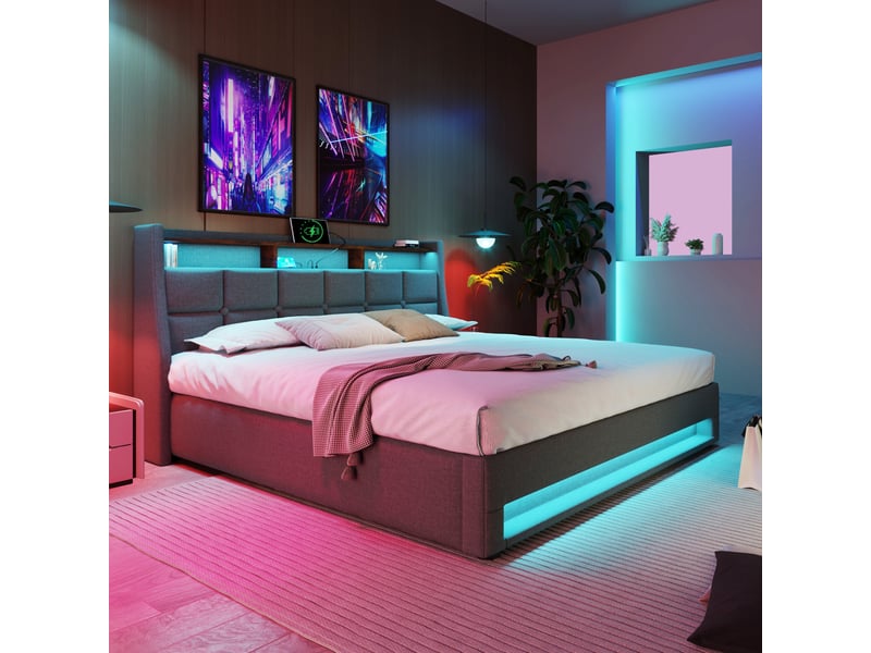  Lit double 140 x 200 cm gris en lin avec rangement, led, usb et matelas  - Conforama D