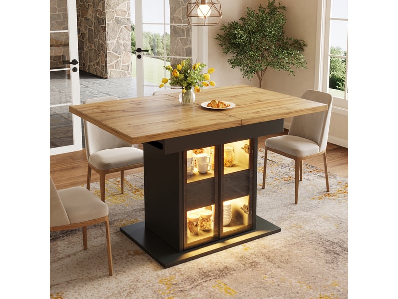 Table à manger extensible 110-140 x 80 cm avec rangement, led rgb via application, 2 tiroirs, portes coulissantes vitrées, structure noire - Conforama C