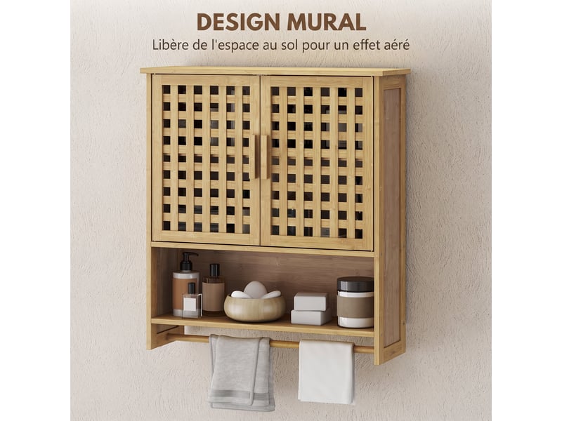 Armoire murale de salle de bain en bambou avec 2 portes ajourées, bois naturel, compartiment ouvert et étagère réglable - Conforama E
