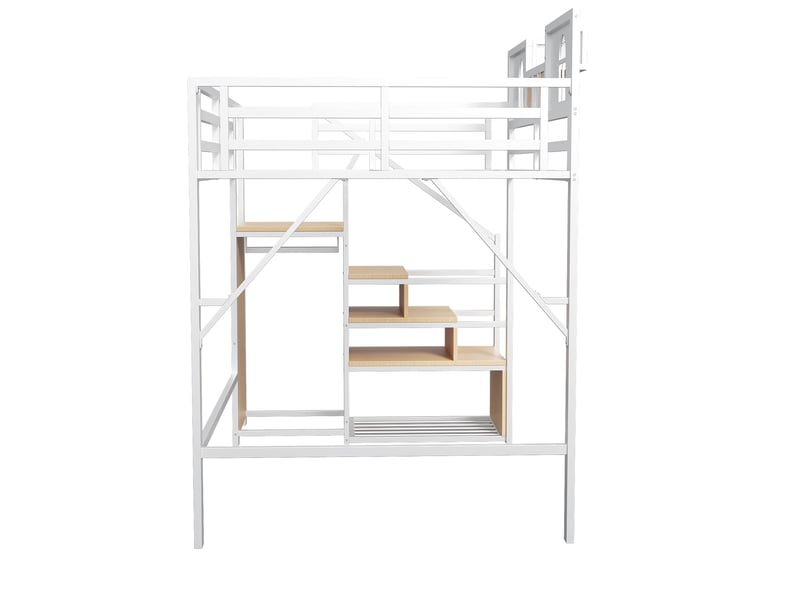  Lit mezzanine 200×140 cm avec escalier de rangement et tablette, structure en métal blanc, sans matelas  - Conforama E