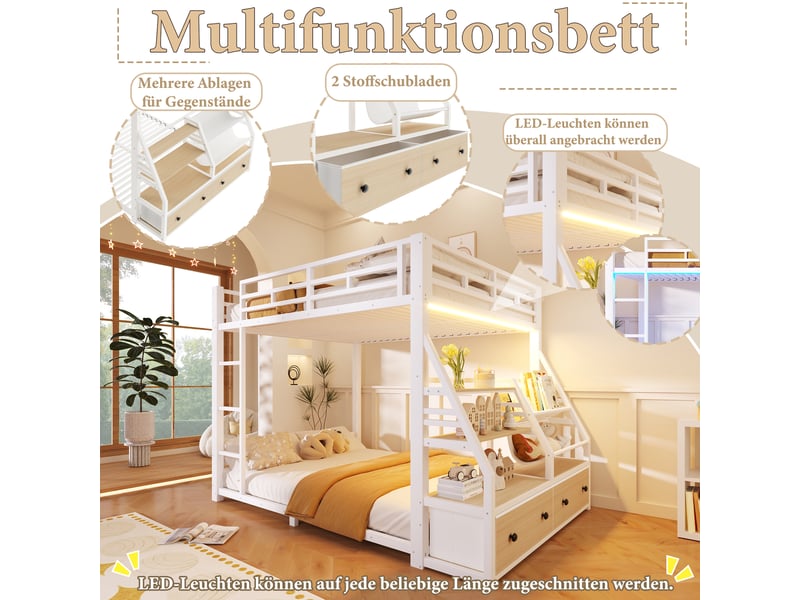 Lit superposé 4 places, led, 2 tiroirs en tissu et étagères, 140×200 cm, sans matelas, blanc - Conforama E