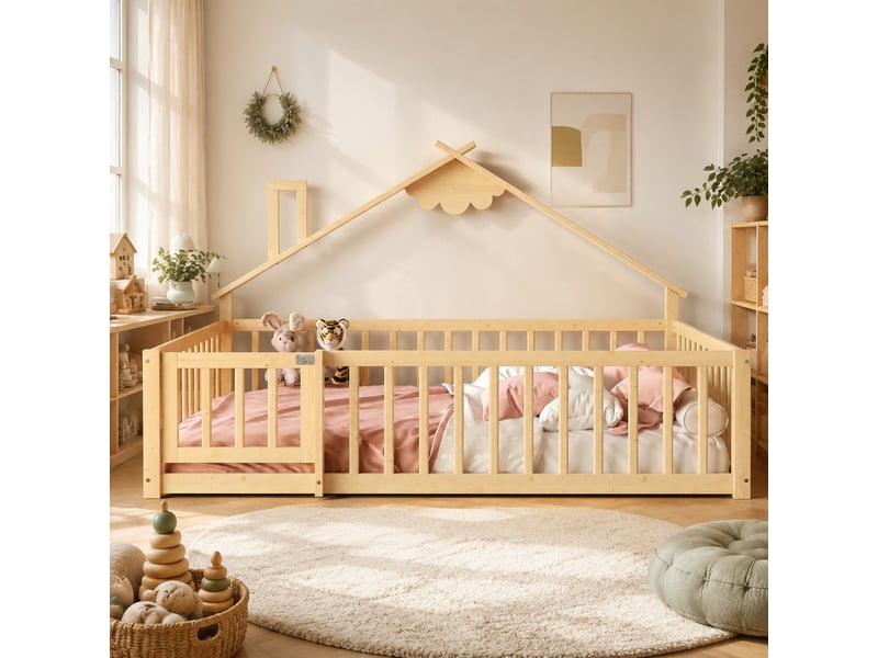  Lit enfant cabane 140x190 cm avec barrières verrouillables, pin et mdf naturel  - Conforama D