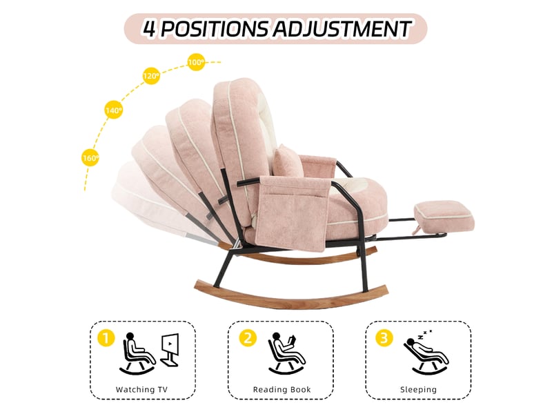 Fauteuil à bascule surdimensionné pour terrasse avec repos-pieds, poche latérale, coussin rembourré, dossier réglable, rose - Conforama A