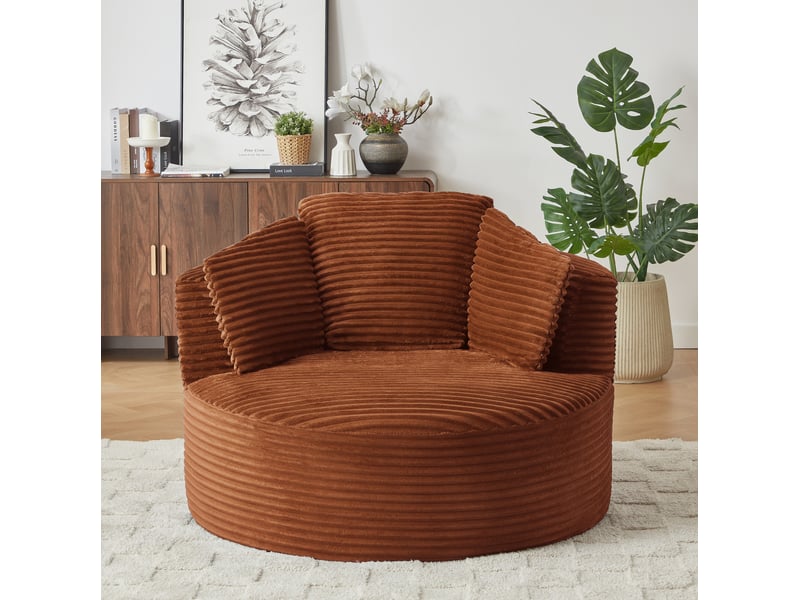Fauteuil nuage rond 113x124x86 cm en velours côtelé orange, assise profonde, design moderne - Conforama E
