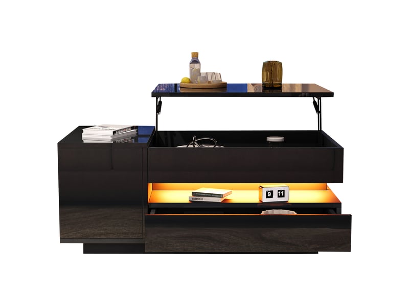 Table basse relevable noire avec rangement caché, table basse led brillante, 95x50x40 cm  - Conforama D