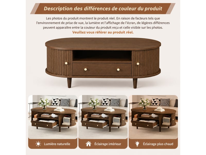 Table basse ovale décor noyer avec tiroir, niche ouverte et portes coulissantes à lattes, 100x50x36 cm  - Conforama E