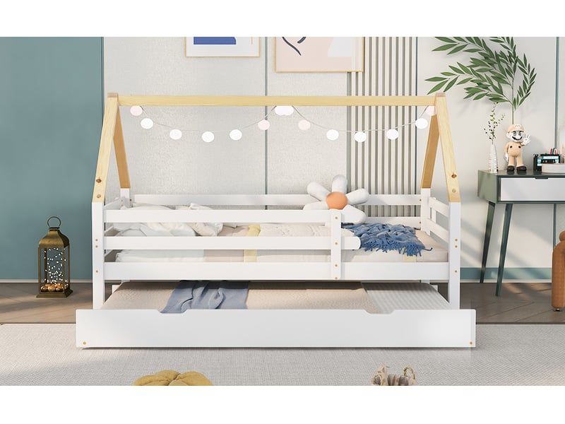  Lit banquette 90 × 200 cm, lit gigogne 90 × 190 cm, toit maison, barrières, sommier à lattes, pin, blanc et naturel  - Conforama B