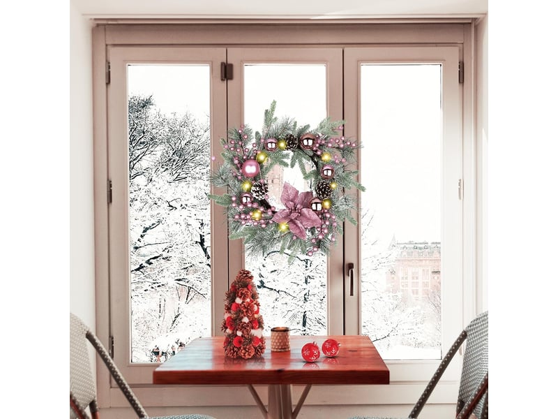 Couronne de noël rose 50 cm avec pommes de pin, nœud et boules, avec lumières, décoration porte intérieur extérieur - Conforama C