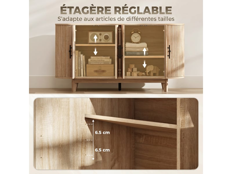 Buffet salon, meuble de rangement ovale avec 6 portes et 2 étagères réglables, chêne, 147x40x76cm - Conforama R