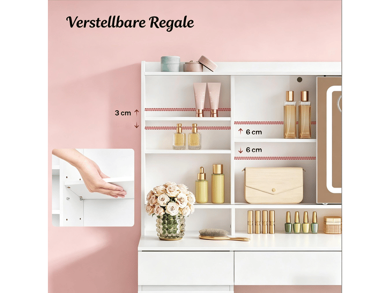  Coiffeuse 110x40x140 cm blanche en bois d'ingénierie et verre, miroir coulissant avec éclairage led  - Conforama E
