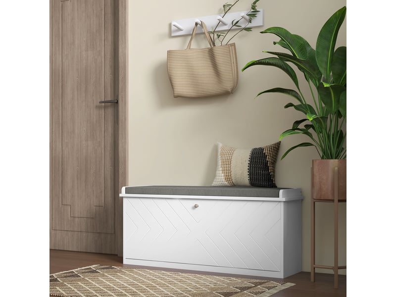 Banc à chaussures avec tiroir rabattable, coussin d'assise et étagère réglable, 100 x 26 x 48 cm, blanc  - Conforama D