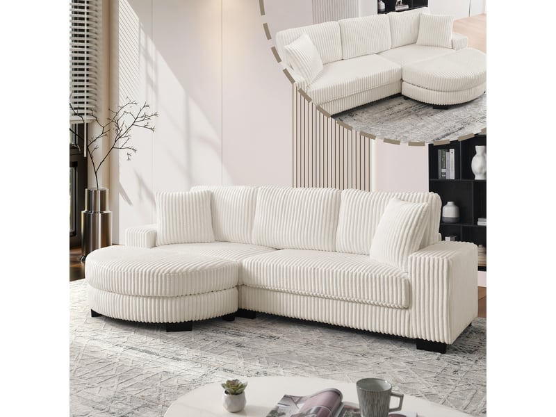  Canapé d'angle modulable 4 places avec pouf ovale réversible, tissu velours côtelé beige, structure bois eucalyptus  - Conforama B
