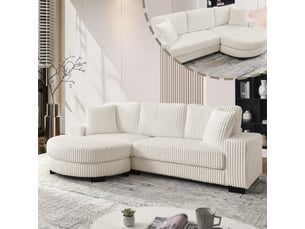 Canapé d'angle modulable 4 places avec pouf ovale réversible, tissu velours côtelé beige, structure bois eucalyptus