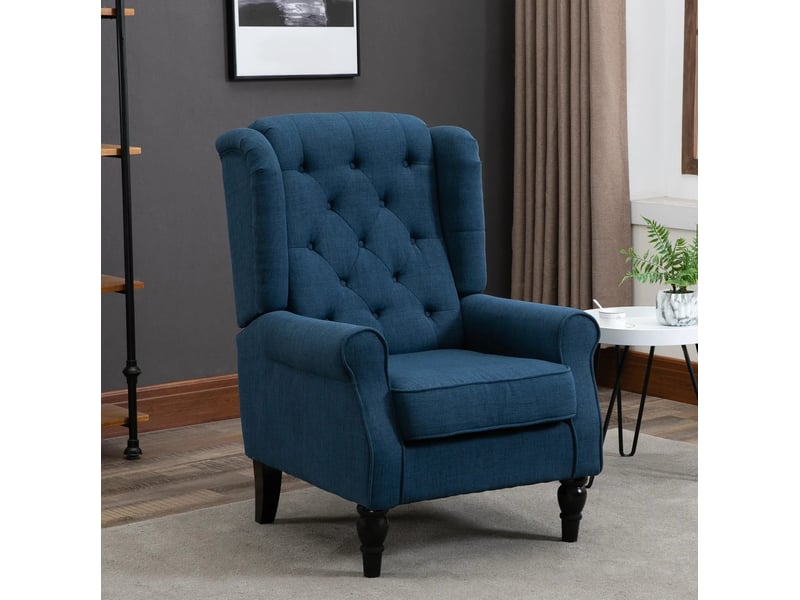  Fauteuil à oreilles capitonné avec dossier haut, assise rembourrée, pieds en bois et patins feutrés, bleu  - Conforama B