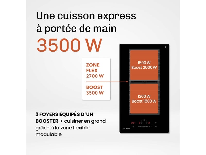 Plaque induction encastrable - zone modulable 3500w - domino - verre noir - booster - prise - marque française - Conforama E