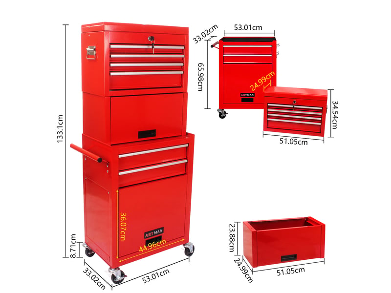  Servante à outils 6 tiroirs 60 x 33 x 110 cm rouge en acier, rangement mobile pour atelier et garage  - Conforama C