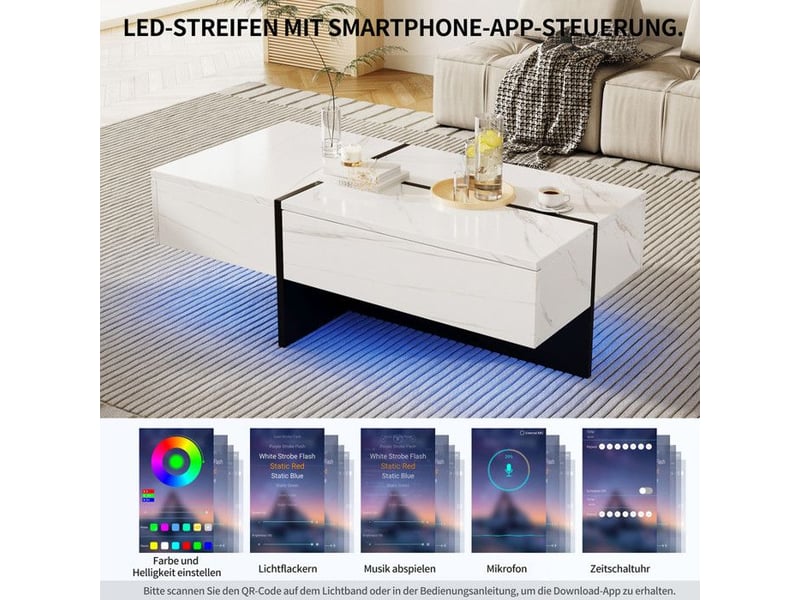 Table basse brillante - imitation marbre blanc - éclairage led contrôlé par application 100x50x34.5cm - Conforama C