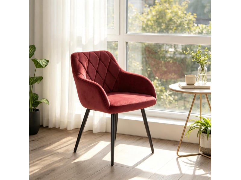  Chaise de salle à manger avec accoudoirs en velours rouge et pieds en métal  - Conforama B