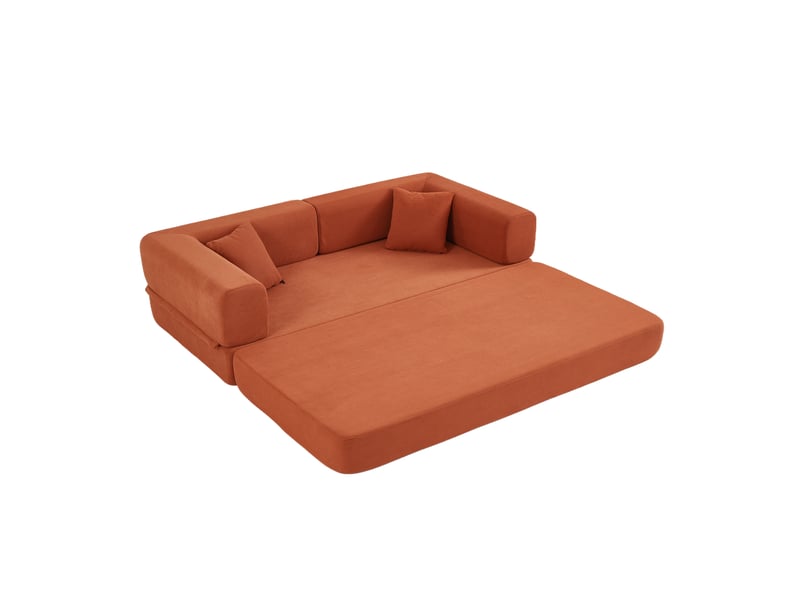 Canapé-lit convertible pliable en velours côtelé avec coussin cylindrique, rouge orangé - Conforama E