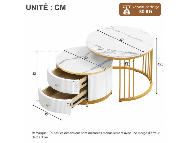  Ensemble de deux tables basses gigognes rondes, effet marbre brillant, 2 tiroirs, blanc  - Conforama D