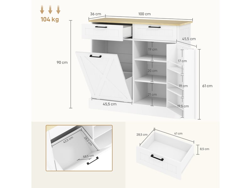  Buffet cuisine avec meuble poubelle 38l, meuble cuisine rangement, 2 tiroirs, étagère à épices et plan de travail, blanc  - Conforama C
