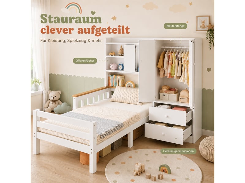 Lit enfant 90x200 cm en bois avec armoire intégrée, rangement, tiroirs et étagères ouvertes, lit multifonction gain de place pour chambre enfant-blanc - Conforama E
