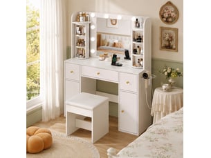 Coiffeuse avec miroir led réglable, 3 tiroirs, 2 placards, rangement pivotant, chambre, blanche 115 × 40 × 142 cm