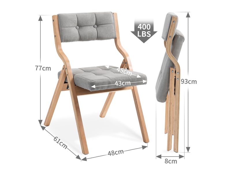  Chaise de salle à manger pliante 2 pièces avec coussin large, dossier incurvé et assise confortable, en bois, gris  - Conforama C
